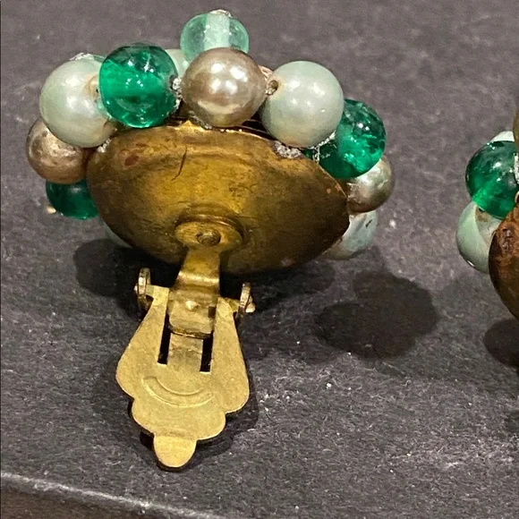 Japan Vintage Glass and Acrylic Cluster Earrings with Green Beads - Picture 7 of 7